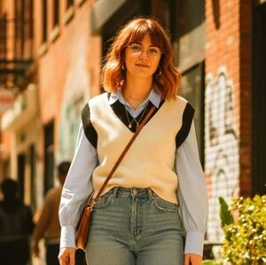 THORNSAURA Cream & Black Wool-Blend Sweater Vest | Unisex Small